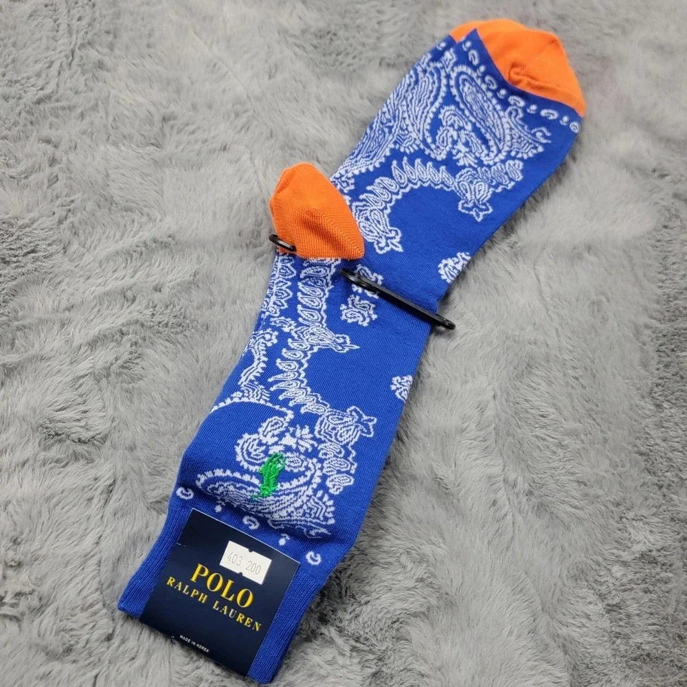 Polo Ralph Lauren Socks Mens 10-13 Blue Paisley Mid Calf Green Pony Cotton Blend